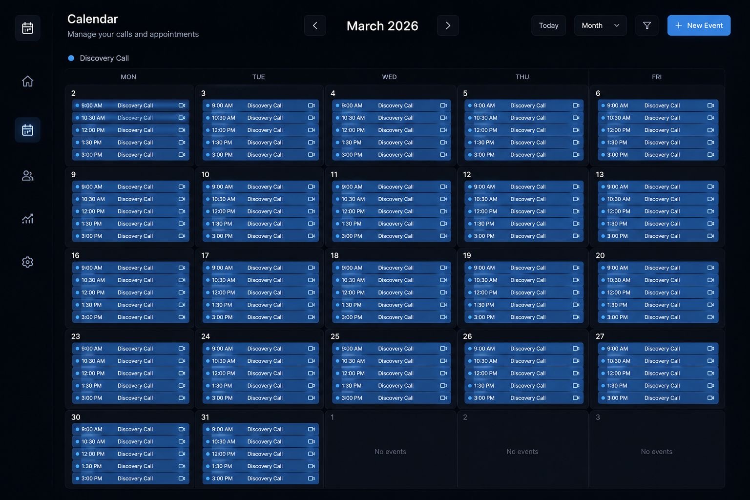 Calendar booked solid with discovery calls